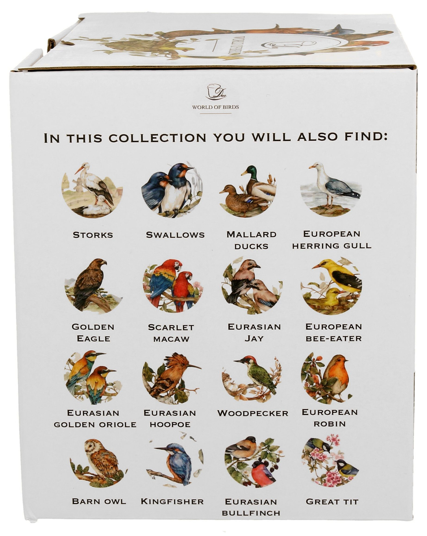 Pudełko kolekcji World of Birds z wizerunkami różnych gatunków ptaków, w tym orła.