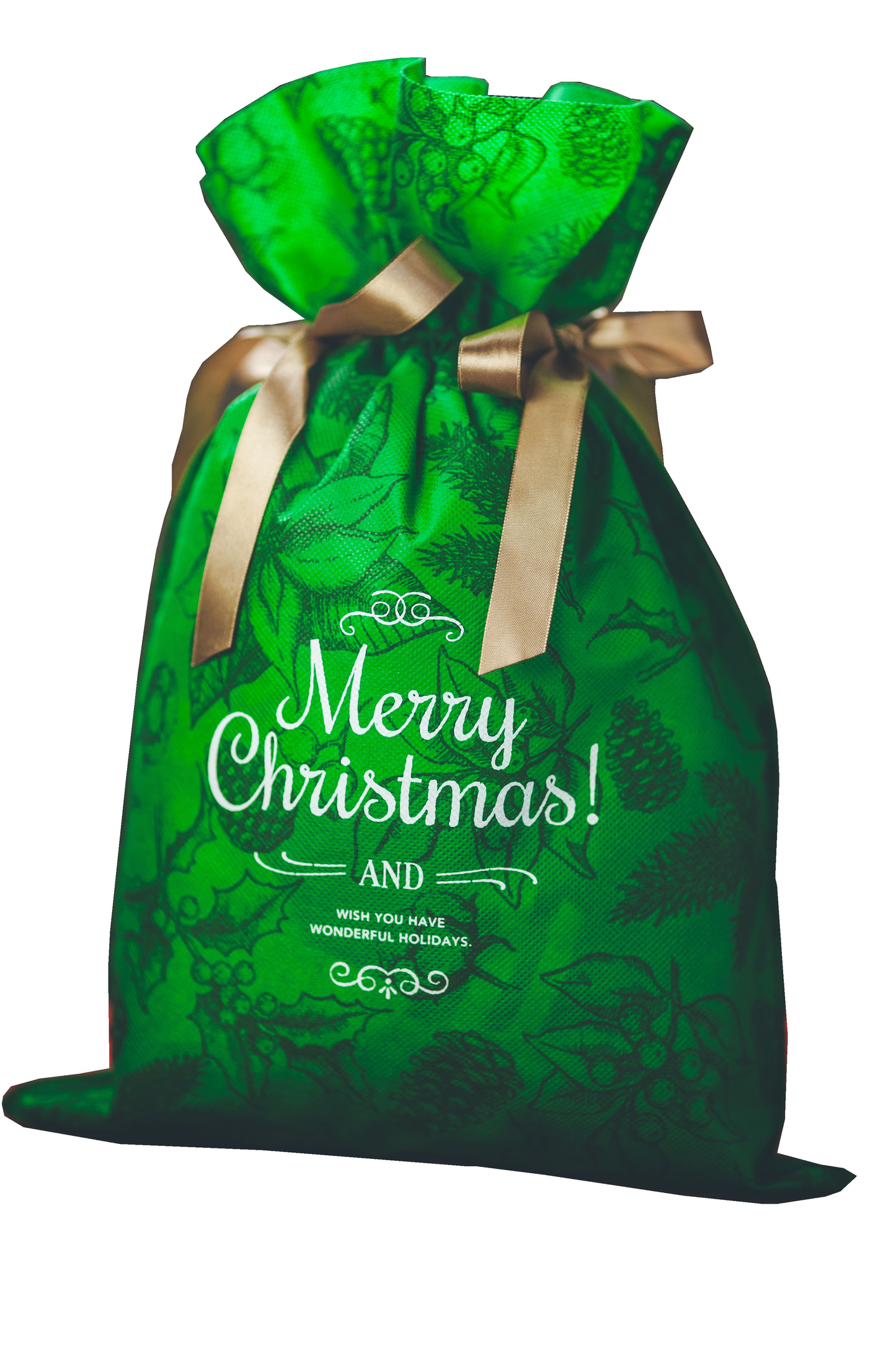 Zielony worek prezentowy z białym napisem Merry Christmas i złotą wstążką, ozdobiony świątecznym motywem gałązek i szyszek.