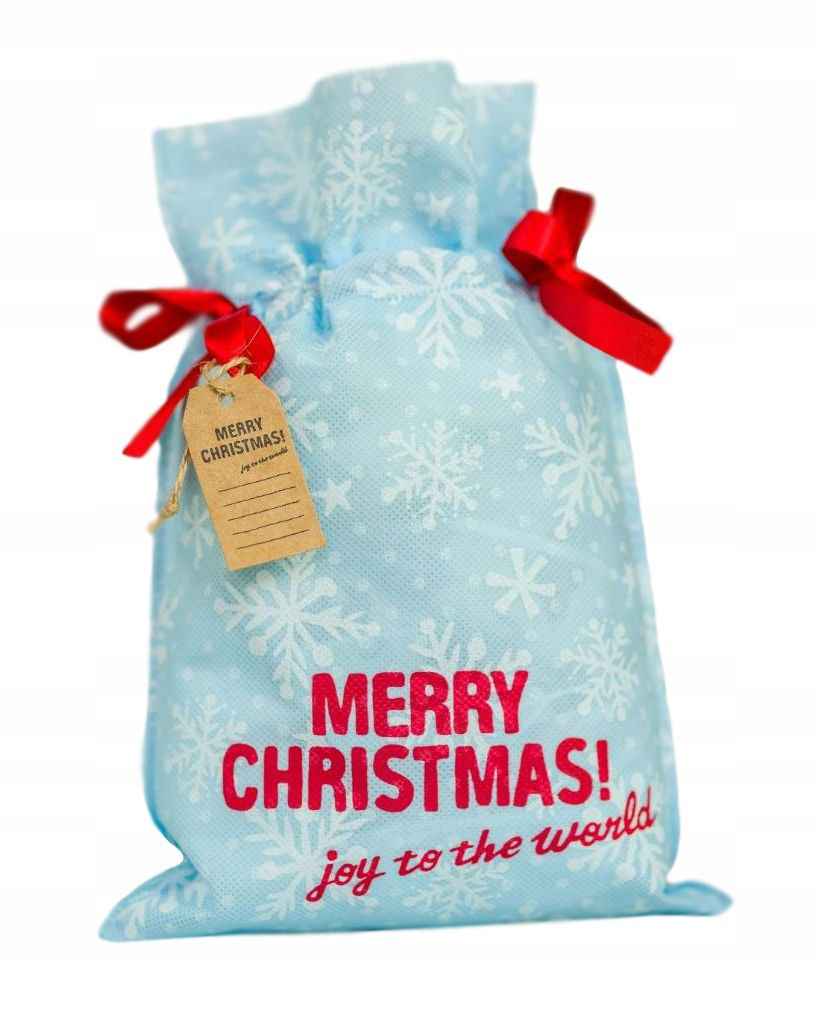 Błękitny worek prezentowy z białymi płatkami śniegu, czerwonym napisem Merry Christmas i czerwonymi wstążkami.