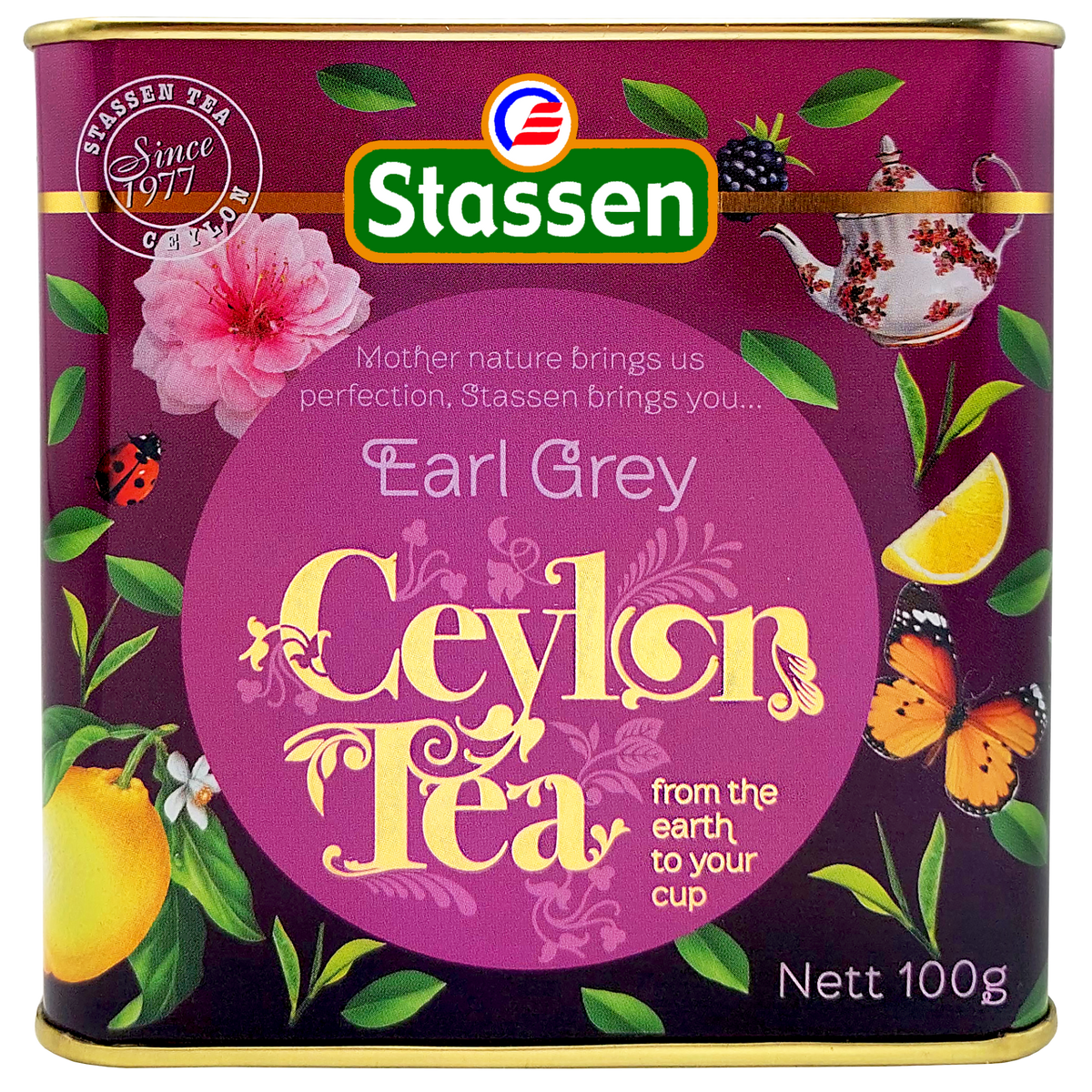 Herbata Stassen Earl Grey w fioletowej puszce, klasyczna czarna herbata cejlońska z bergamotką 100 g.
