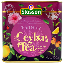Herbata Stassen Earl Grey w fioletowej puszce, klasyczna czarna herbata cejlońska z bergamotką 100 g.
