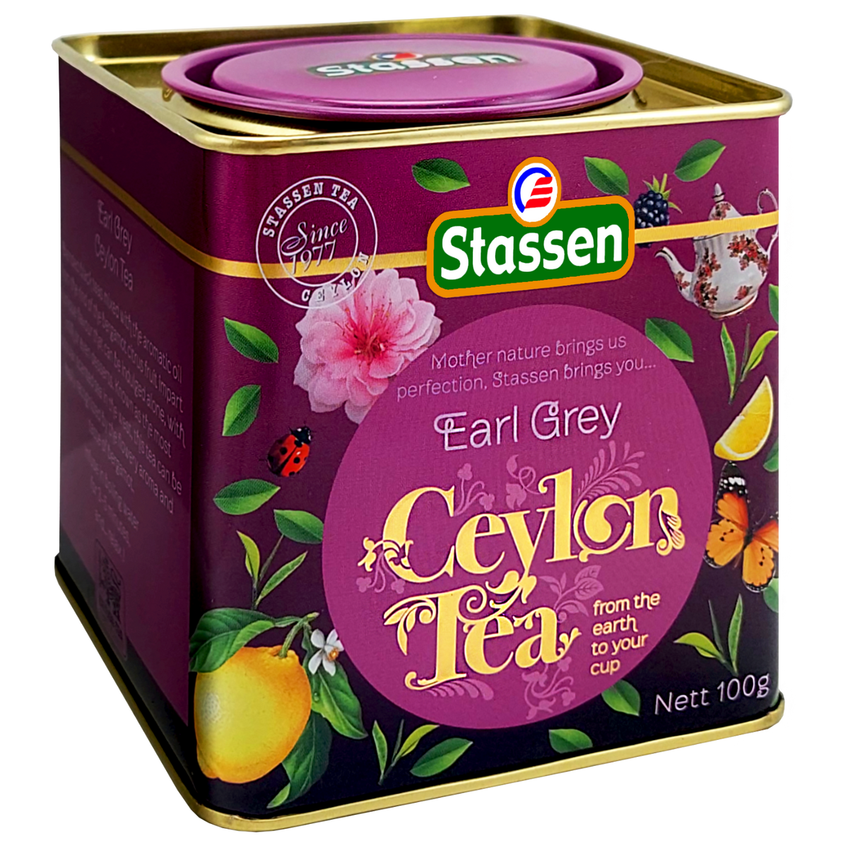 Czarna herbata Stassen Earl Grey w eleganckim opakowaniu z motywem kwiatów i cytrusów.
