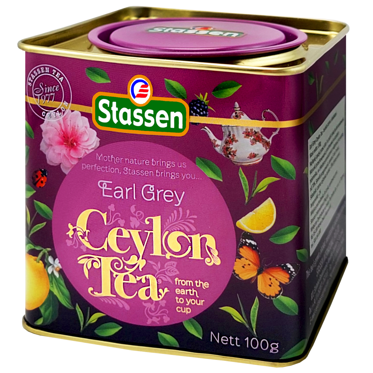 Stylowa puszka Stassen Earl Grey – klasyczny design i intensywny smak Cejlonu.
