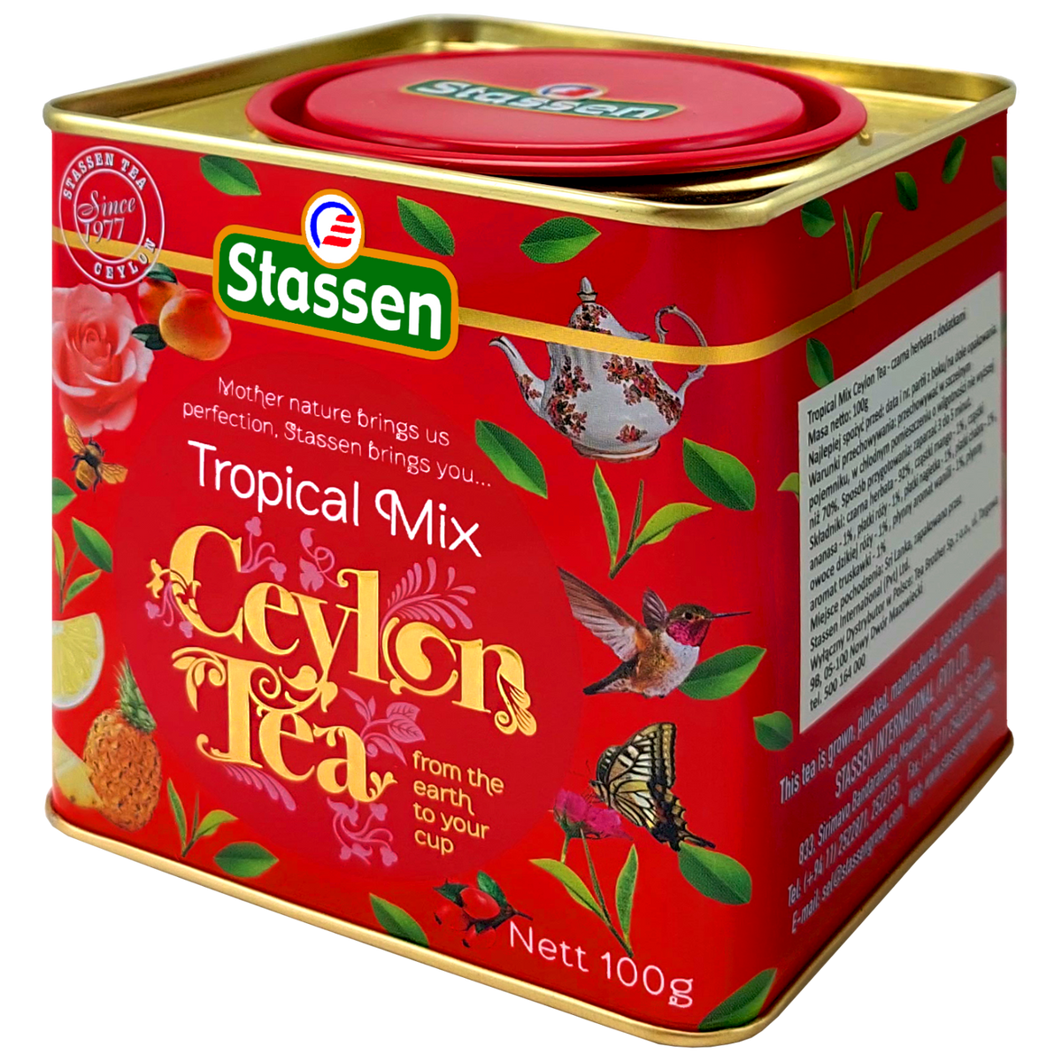 Bok puszki Stassen Tropical Mix z widocznym opisem produktu.
