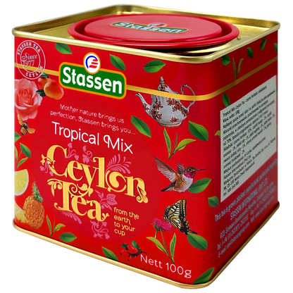 Bok puszki Stassen Tropical Mix z widocznym opisem produktu.