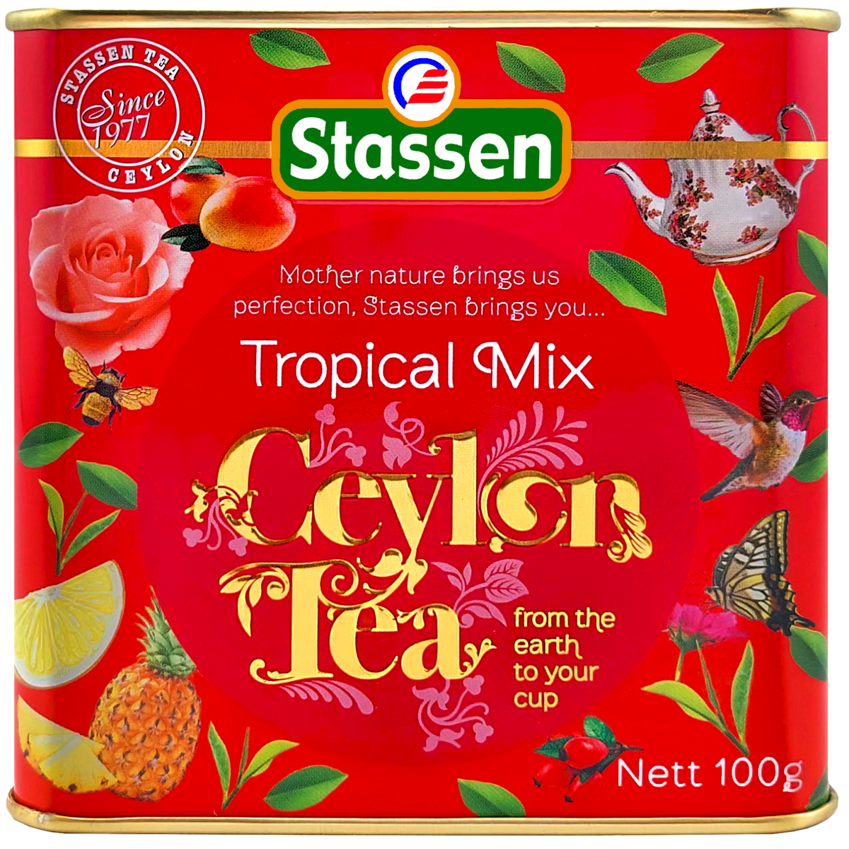 Etykieta herbaty Stassen Tropical Mix z motywami owoców i kwiatów.