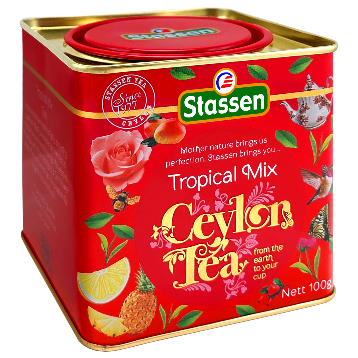 Skośny kadr puszki herbaty Stassen Tropical Mix z dekoracyjnym tłem.