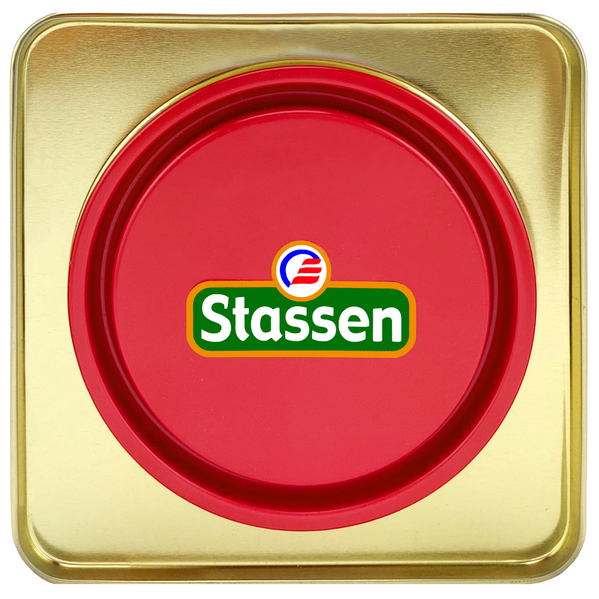 Czerwone wieczko puszki herbaty Stassen Tropical Mix z logo producenta.