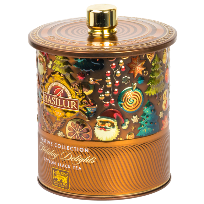 Puszka basilur holiday delights z świątecznej odsłonie widok z profilu.