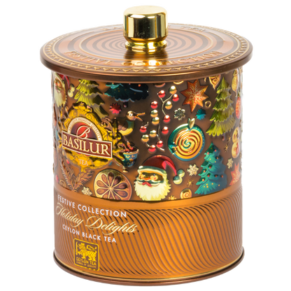 Puszka basilur holiday delights z świątecznej odsłonie widok z profilu.
