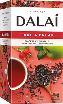 Opakowanie herbaty Dalai Take a Break z czarną herbatą, jabłkiem, dziką różą i płatkami chabru