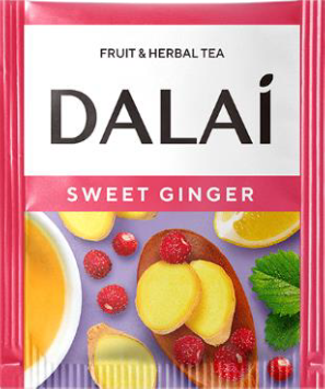 Saszetka herbaty Dalai Sweet Ginger z plasterkami imbiru, malinami i cytryną.