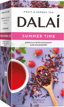 Owocowa herbata Dalai Summer Time w pudełku z malinami i hibiskusem na opakowaniu.