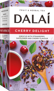 Opakowanie Dalai Cherry Delight z hibiskusem, wiśniami oraz filiżanką czerwonego naparu