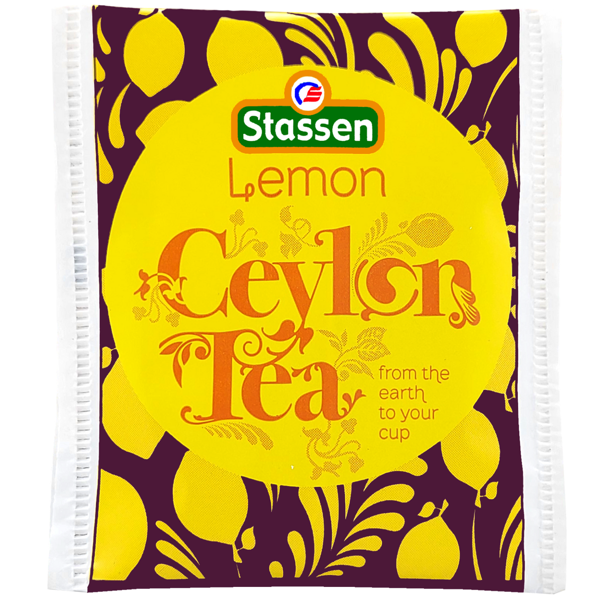 Saszetka herbaty Stassen Lemon Tea w kolorach żółto-fioletowych.
