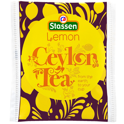 Saszetka herbaty Stassen Lemon Tea w kolorach żółto-fioletowych.