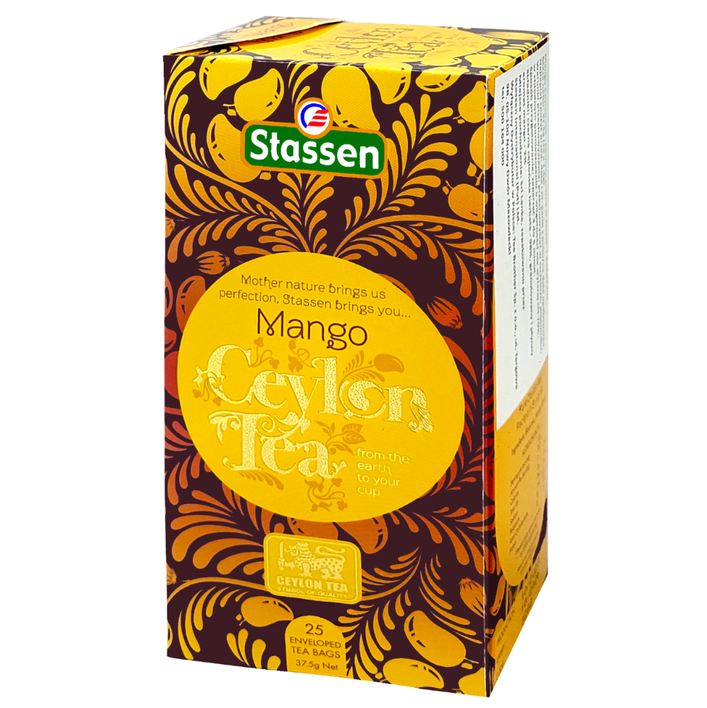 Boczny widok opakowania Stassen Mango Ceylon Tea – herbata czarna aromatyzowana mango.