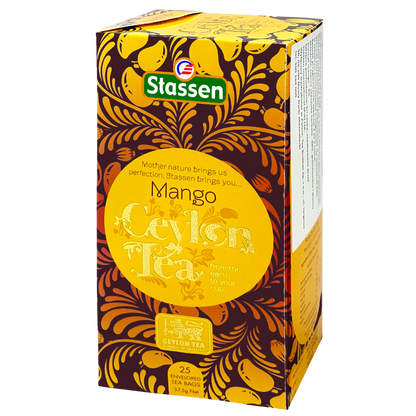 Boczny widok opakowania Stassen Mango Ceylon Tea – herbata czarna aromatyzowana mango.