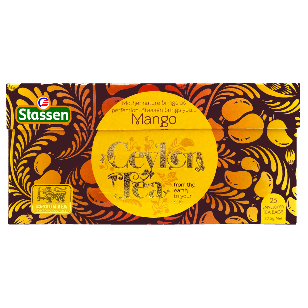 Rozłożone pudełko Stassen Mango Tea – grafika mango, 25 enveloped tea bags.