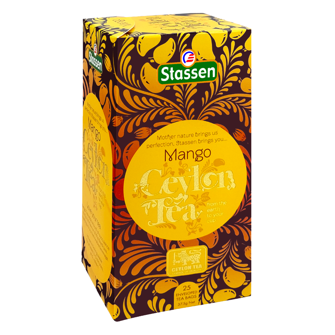 Pudełko pod kątem Stassen Mango Tea – czarna herbata cejlońska w saszetkach.