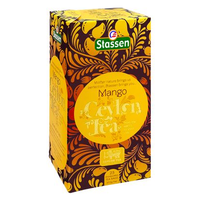 Pudełko pod kątem Stassen Mango Tea – czarna herbata cejlońska w saszetkach.