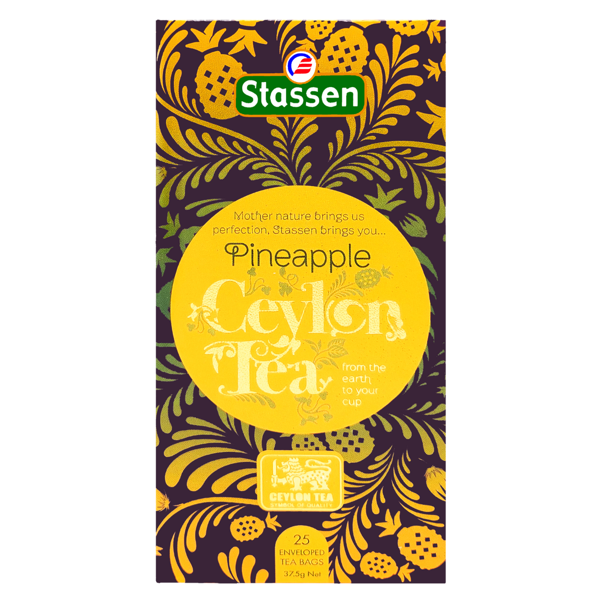 Front opakowania Stassen Pineapple Tea – herbata czarna cejlońska z ananasem w kopertach.