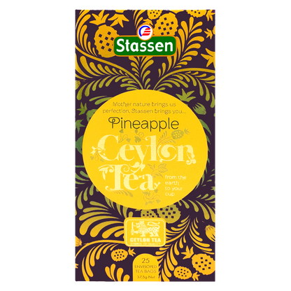 Front opakowania Stassen Pineapple Tea – herbata czarna cejlońska z ananasem w kopertach.