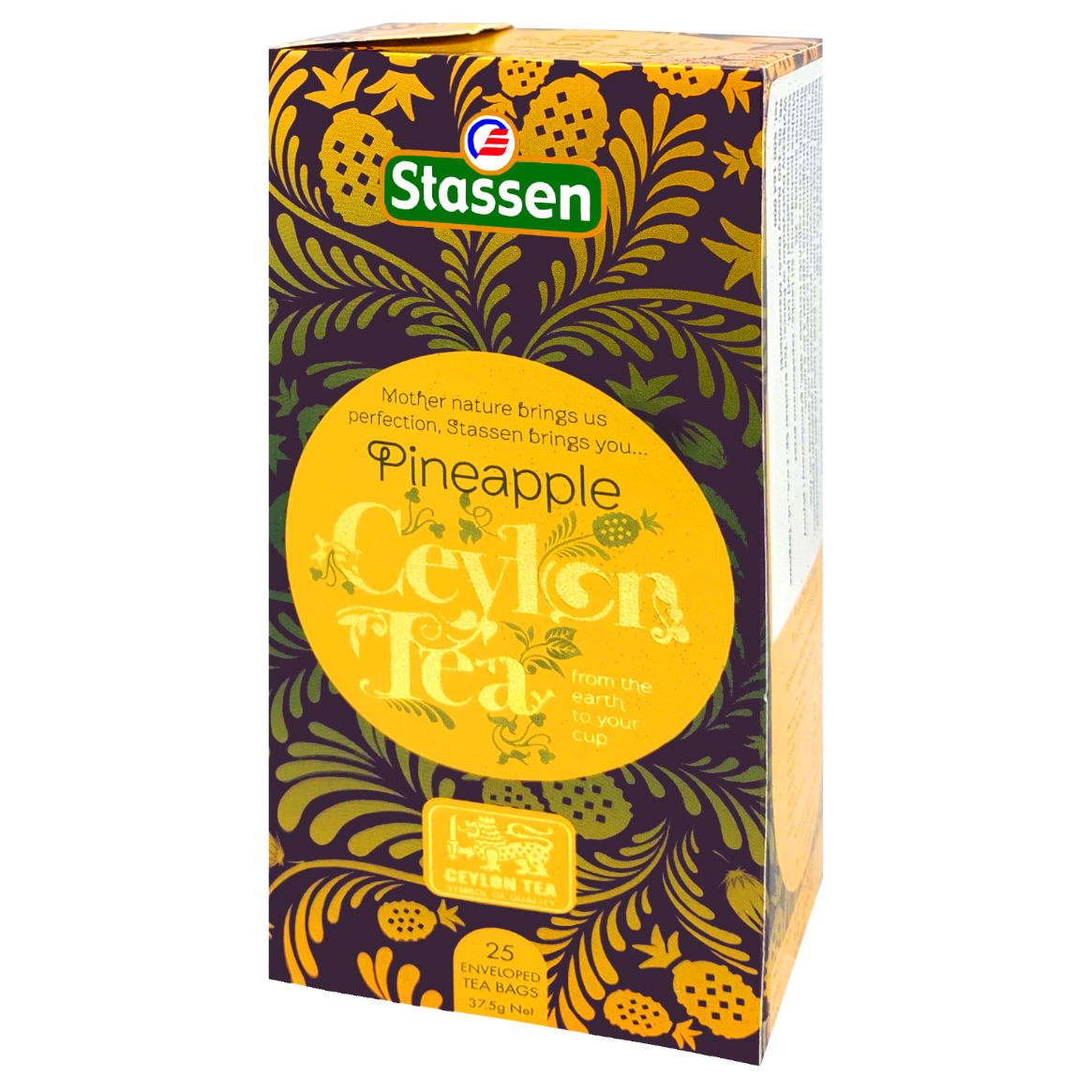 Boczny widok pudełka Stassen Pineapple Tea – herbata czarna aromatyzowana ananasem.