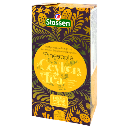 Boczny widok pudełka Stassen Pineapple Tea – herbata czarna aromatyzowana ananasem.