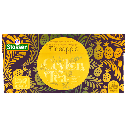 Rozłożone opakowanie Stassen Pineapple Tea – grafika z motywem ananasa, 25 torebek.
