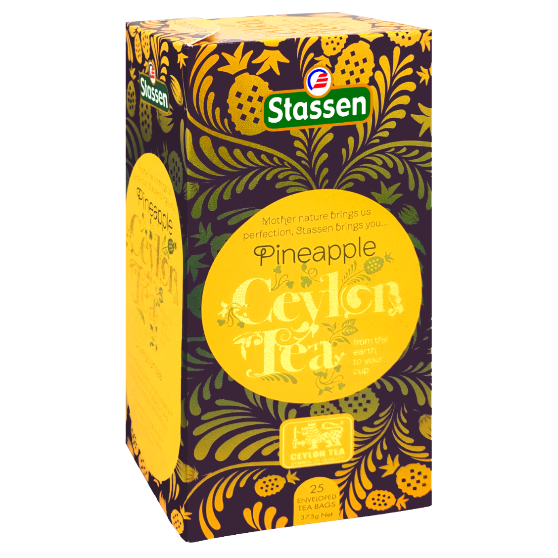 Pudełko pod kątem Stassen Pineapple Ceylon Tea – 25 kopertowanych saszetek.