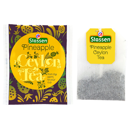 Saszetka i torebka Stassen Pineapple Tea – herbata czarna owocowa w kopertach.