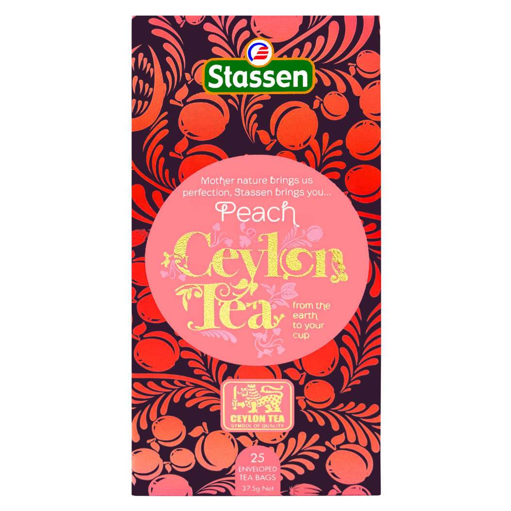Front opakowania Stassen Peach Ceylon Tea – 25 kopertowanych saszetek.