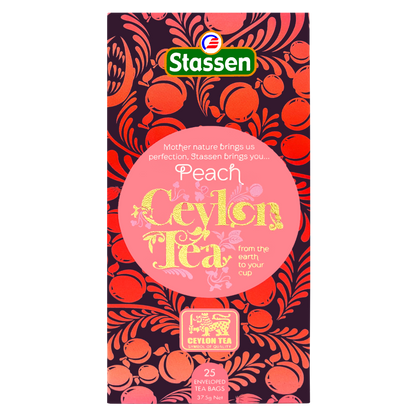 Front opakowania Stassen Peach Ceylon Tea – 25 kopertowanych saszetek.