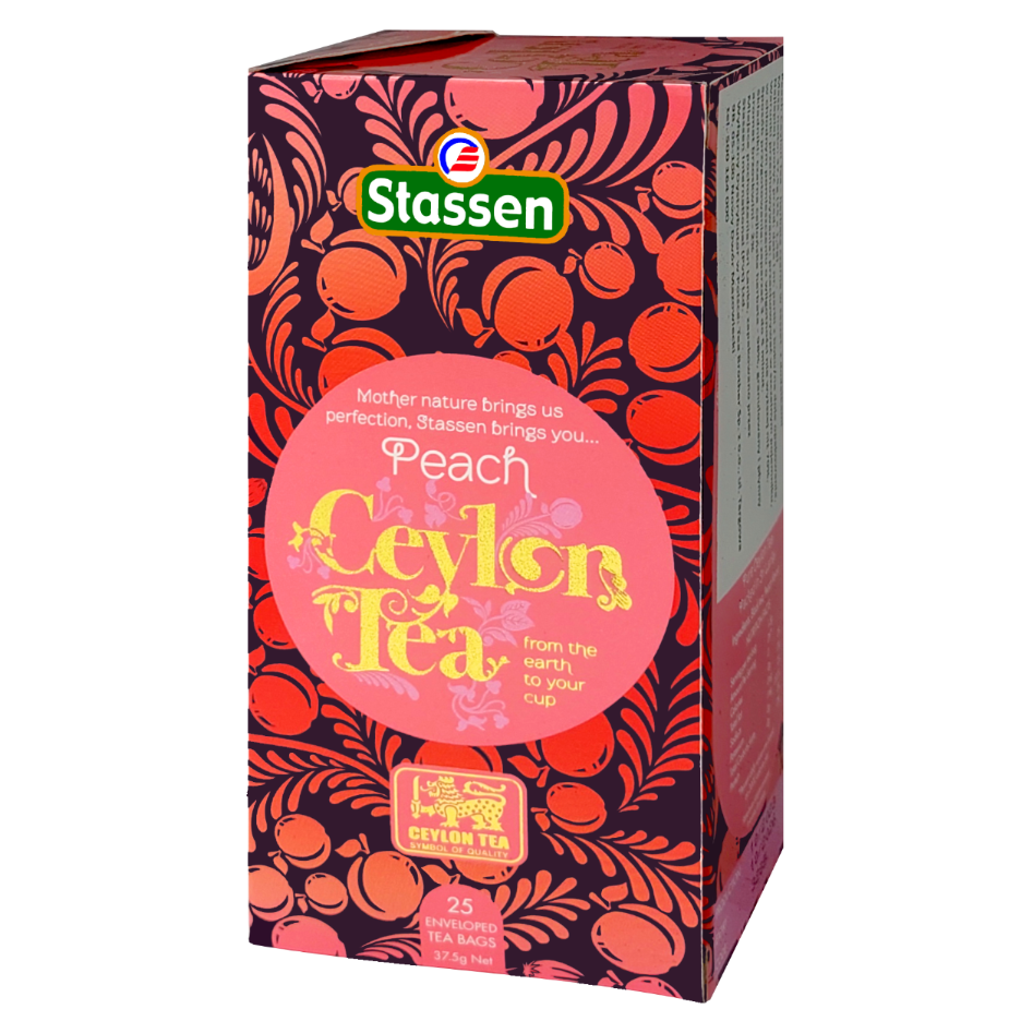 Boczny widok pudełka Stassen Peach Tea – aromatyzowana herbata czarna w torebkach.