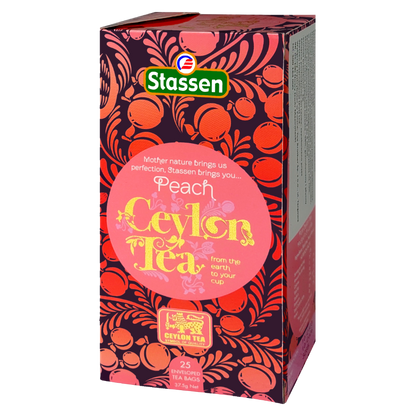 Boczny widok pudełka Stassen Peach Tea – aromatyzowana herbata czarna w torebkach.