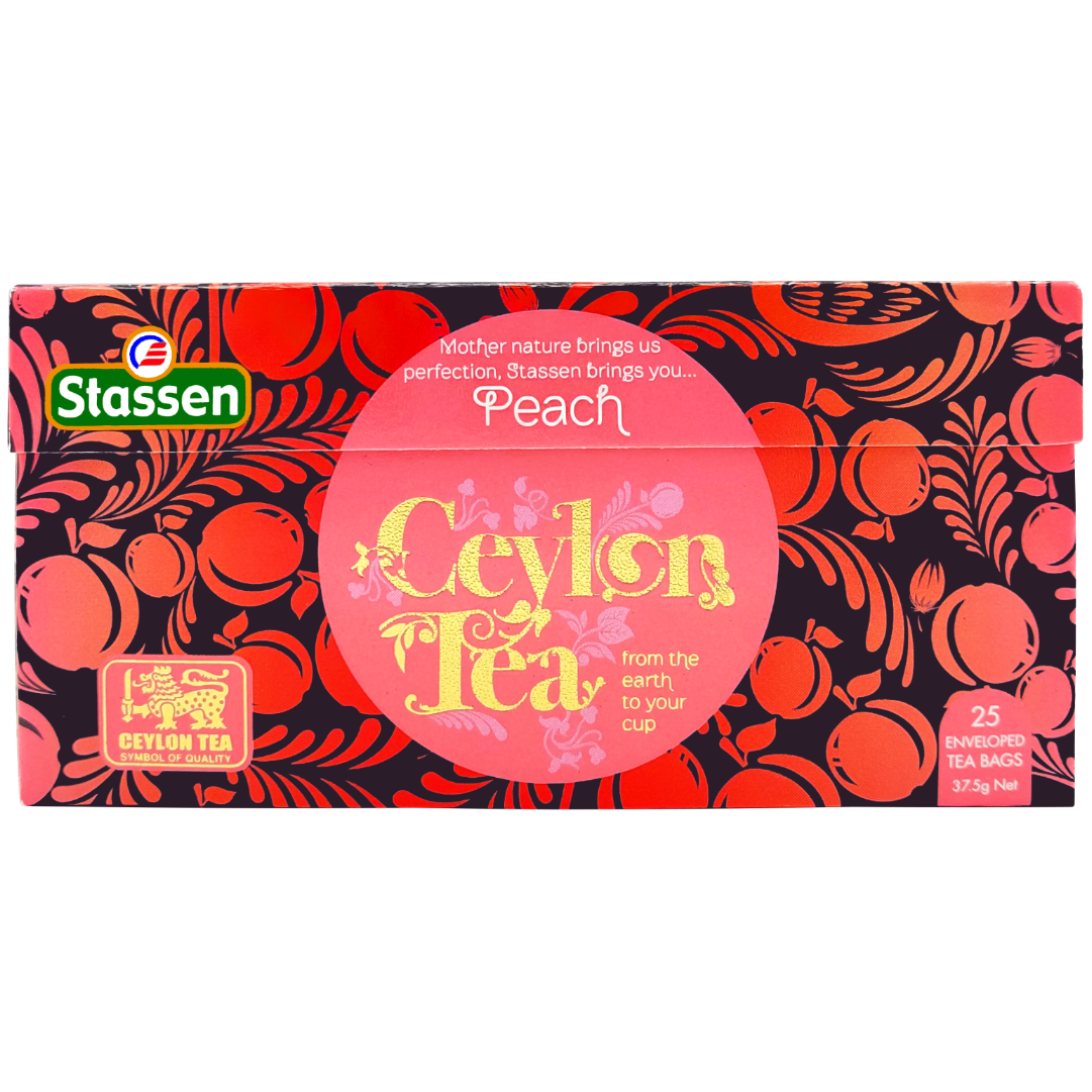 Rozłożone pudełko Stassen Peach Tea – grafika brzoskwini, 25 kopert.
