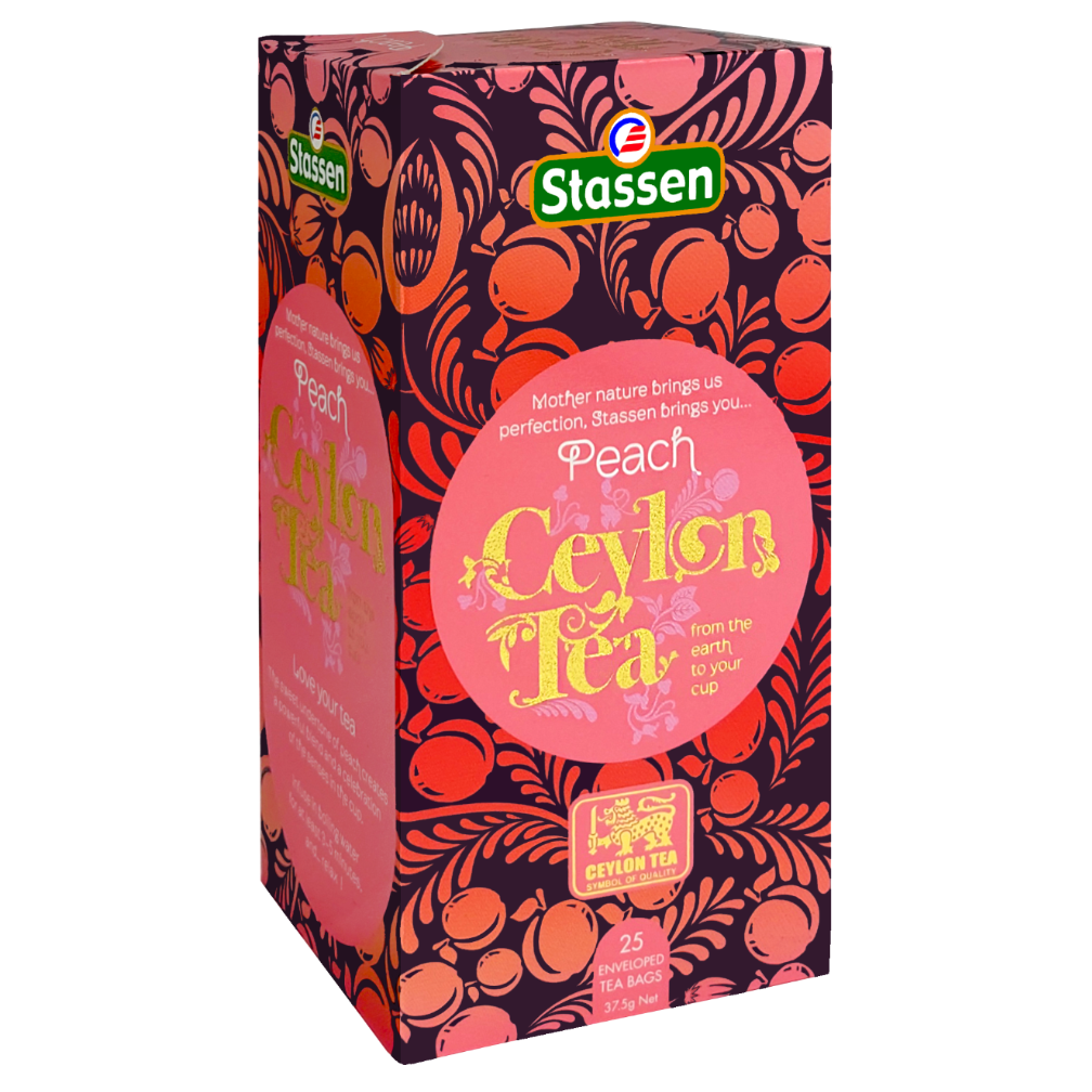Pudełko pod kątem Stassen Peach Tea – herbata czarna z aromatem brzoskwini.