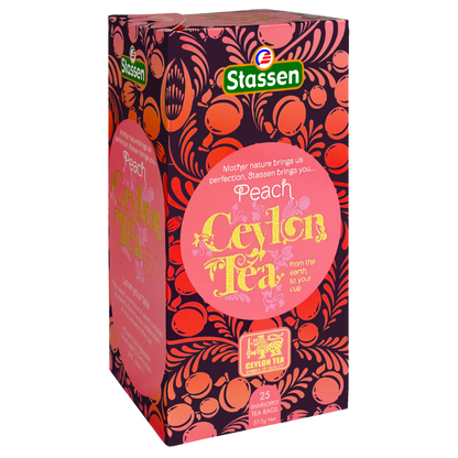 Pudełko pod kątem Stassen Peach Tea – herbata czarna z aromatem brzoskwini.