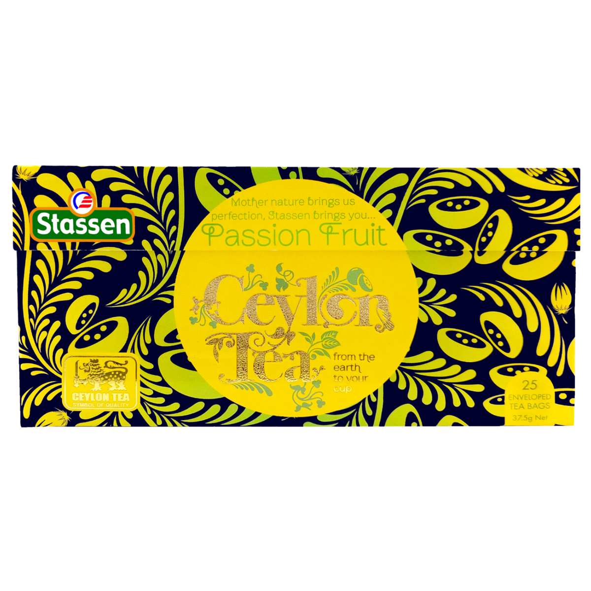 Rozłożone pudełko herbaty Stassen Passion Fruit – opakowanie zbiorcze z motywem owoców.
