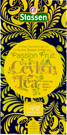 Torebka herbaty Stassen Passion Fruit Ceylon Tea w kopercie z żółtym nadrukiem – czarna herbata z marakują.