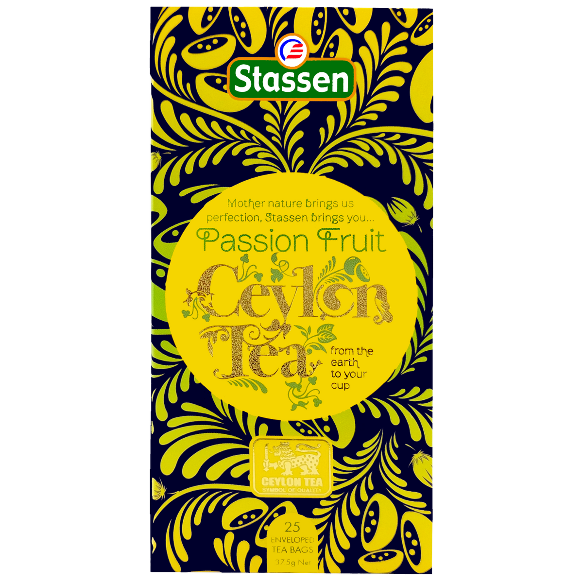 Torebka herbaty Stassen Passion Fruit Ceylon Tea w kopercie z żółtym nadrukiem – czarna herbata z marakują.