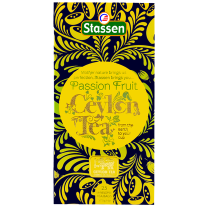Torebka herbaty Stassen Passion Fruit Ceylon Tea w kopercie z żółtym nadrukiem – czarna herbata z marakują.