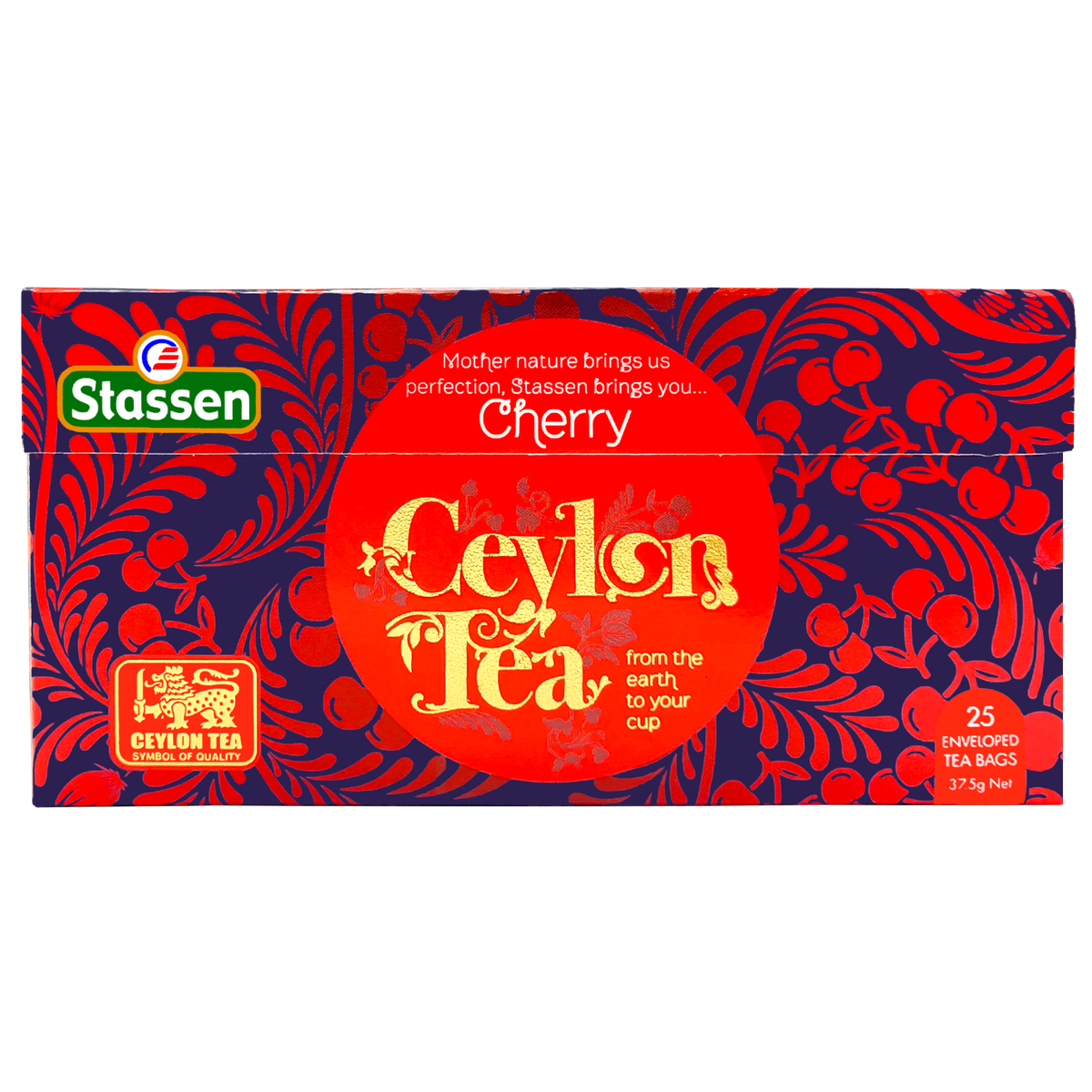 Rozłożone pudełko herbaty czarnej Stassen Cherry – cejlońska herbata z owocowym akcentem.