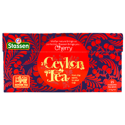 Rozłożone pudełko herbaty czarnej Stassen Cherry – cejlońska herbata z owocowym akcentem.
