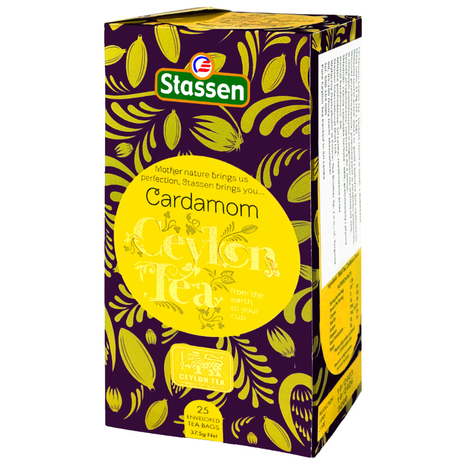 Drugie ujęcie pudełka herbaty Stassen Cardamom Ceylon Tea – orientalna herbata cejlońska.