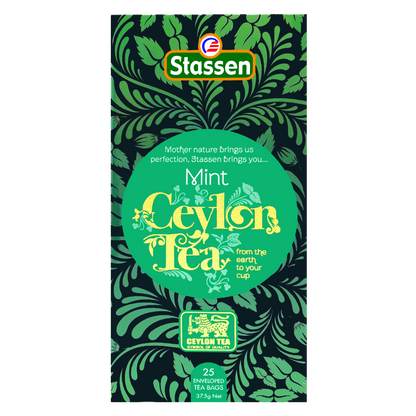 Opakowanie herbaty Stassen Mint Black Tea z cejlońską czarną herbatą i miętą.