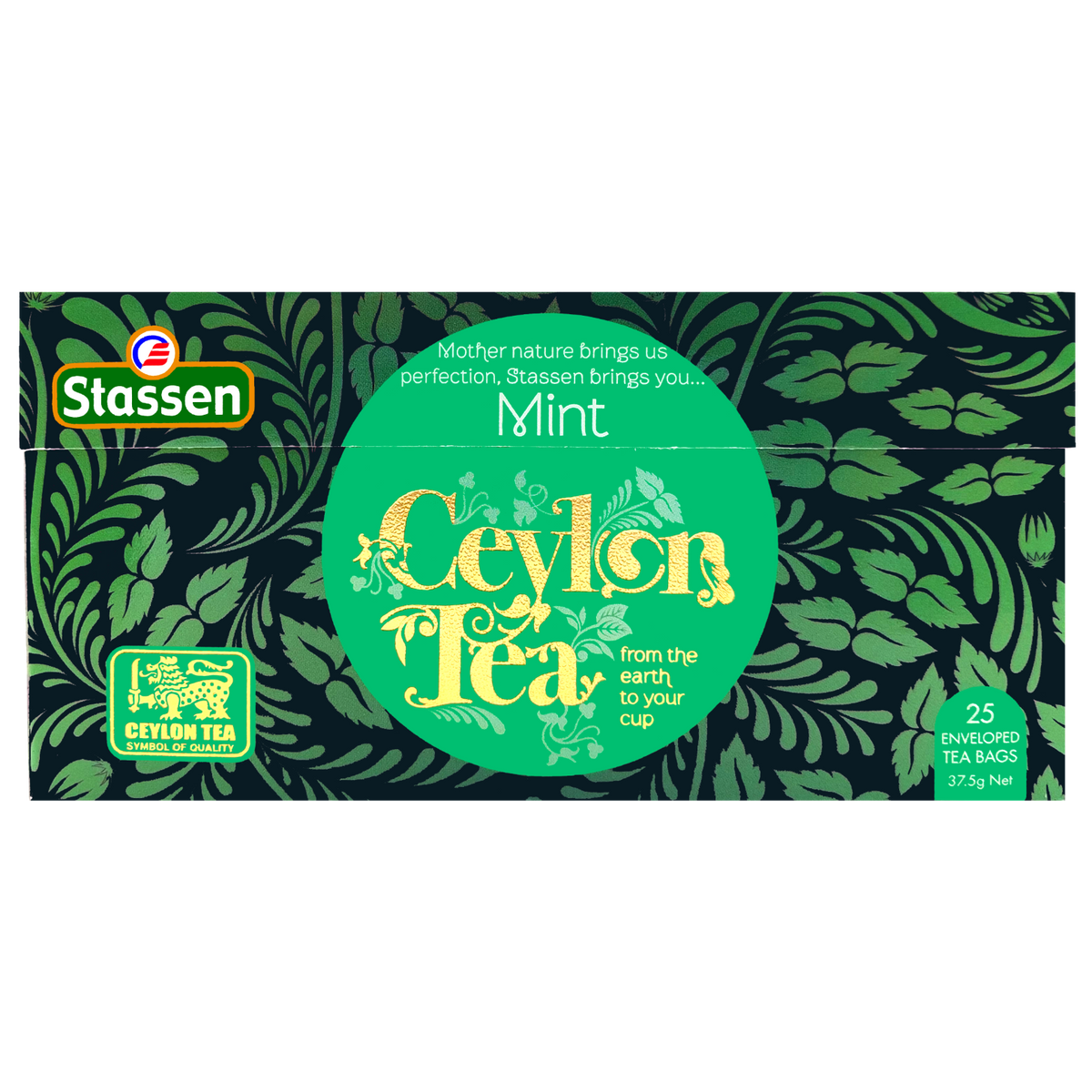 Płasko ułożone opakowanie herbaty Stassen Mint Black Tea 25 torebek.