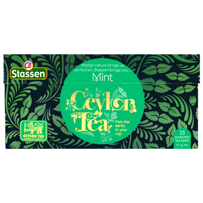 Płasko ułożone opakowanie herbaty Stassen Mint Black Tea 25 torebek.