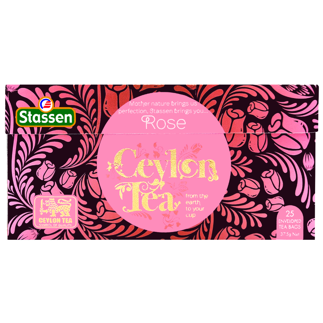 Płasko ułożone opakowanie herbaty Stassen Rose – 25 torebek w kopertach.